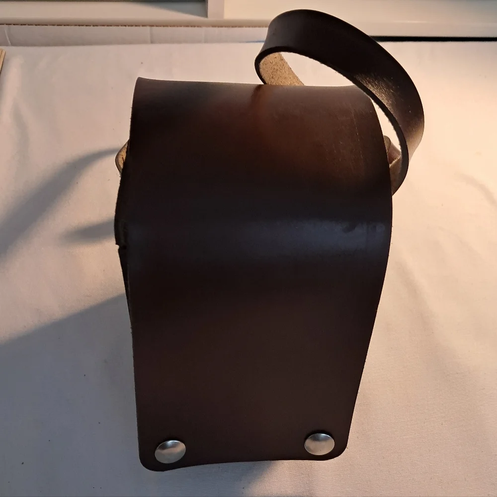 Vintage Leather Camera Case, long strap, brown, buckle straps inside, 4